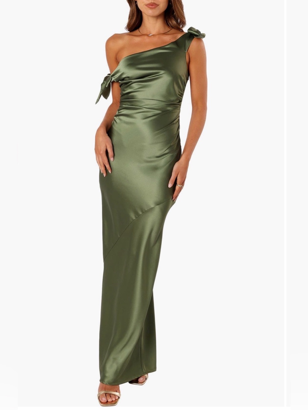 Petal & Pup One-Shoulder Satin Gown in Olive